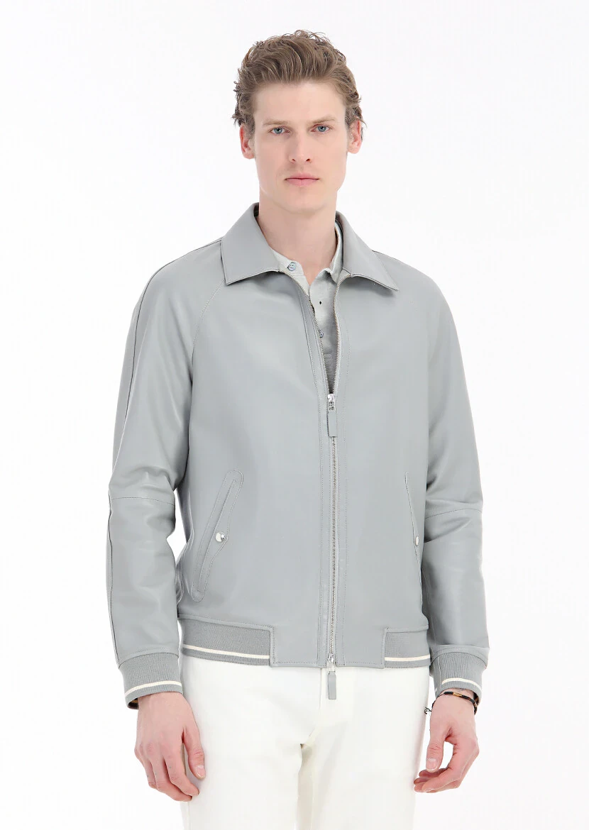 Gri Regular Fit Gömlek Yaka Casual Deri Deri Mont - 2