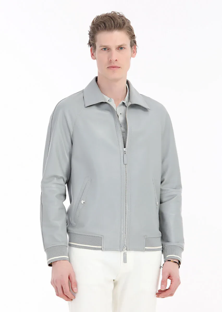 Gri Regular Fit Gömlek Yaka Casual Deri Deri Mont - 2