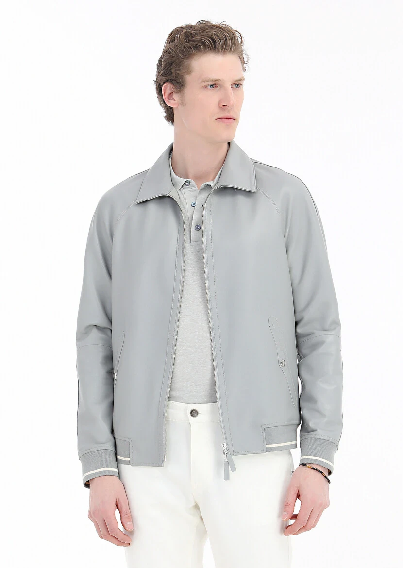 Gri Regular Fit Gömlek Yaka Casual Deri Deri Mont - 3