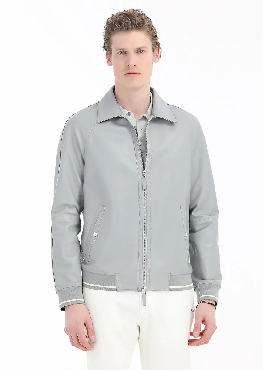 Gri Regular Fit Gömlek Yaka Casual Deri Deri Mont - 4