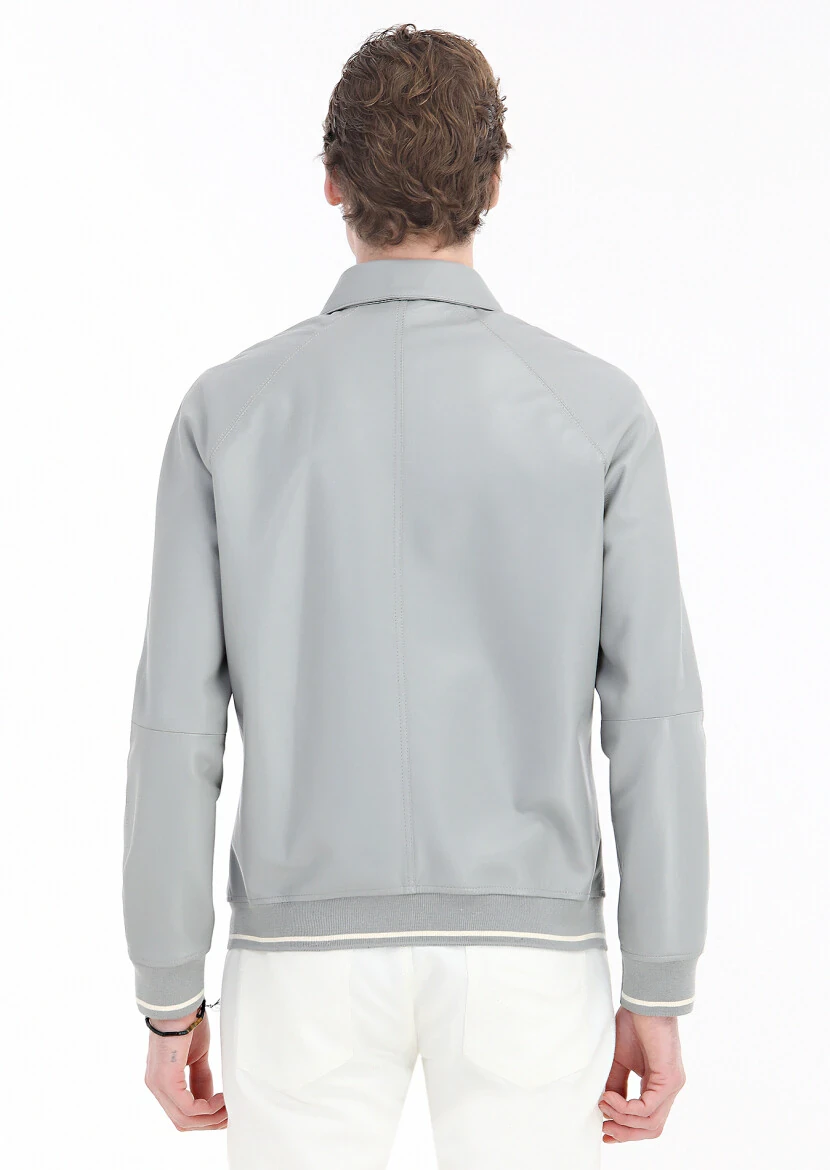 Gri Regular Fit Gömlek Yaka Casual Deri Deri Mont - 6