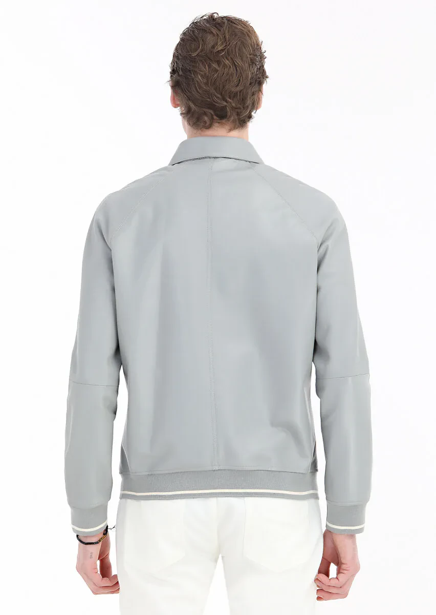 Gri Regular Fit Gömlek Yaka Casual Deri Deri Mont - 6