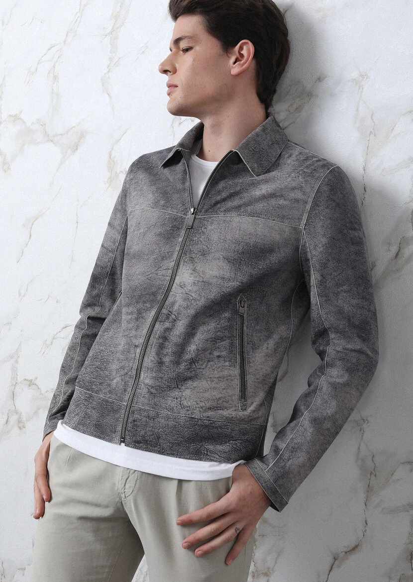 Gri Regular Fit Gömlek Yaka Casual Süet Deri Mont - 2