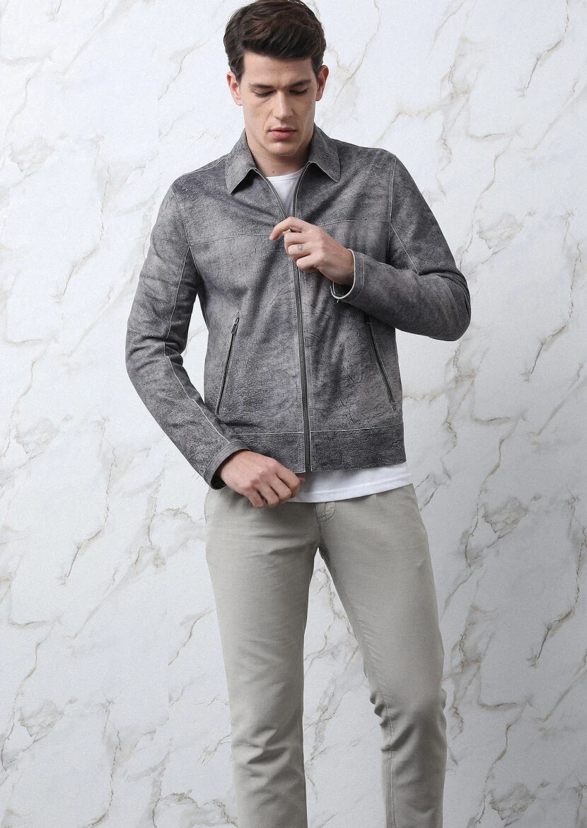 Gri Regular Fit Gömlek Yaka Casual Süet Deri Mont - 3