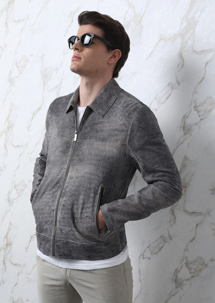 Gri Regular Fit Gömlek Yaka Casual Süet Deri Mont - 4