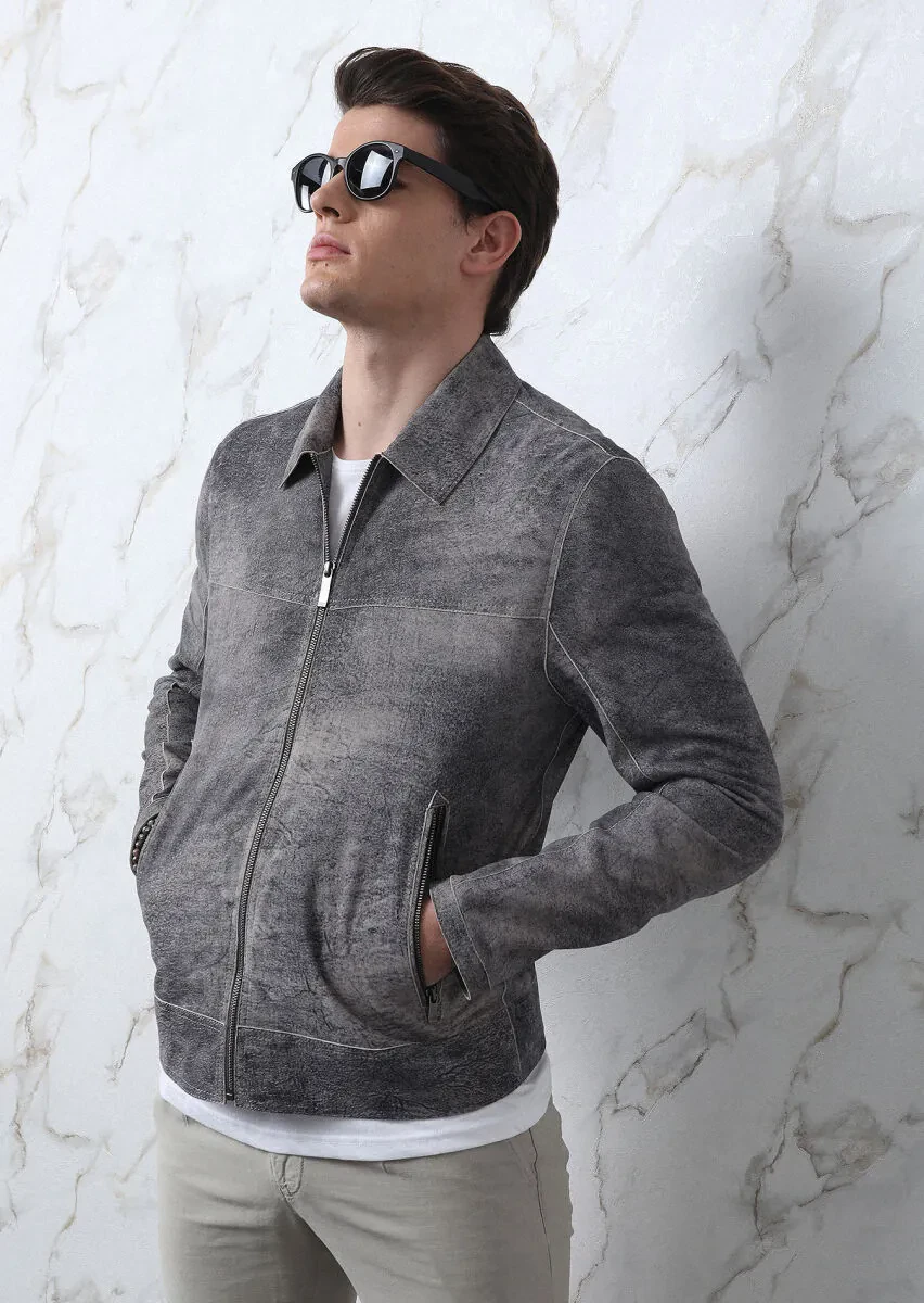 Gri Regular Fit Gömlek Yaka Casual Süet Deri Mont - 4