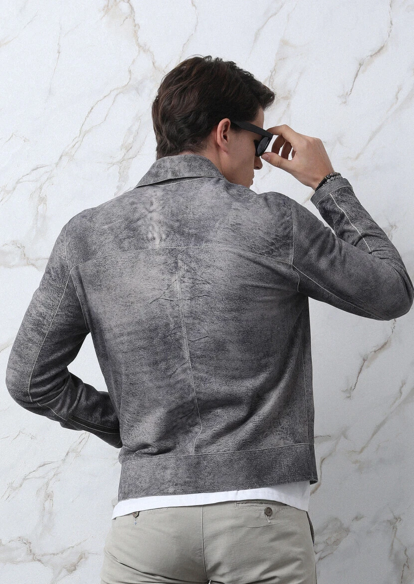 Gri Regular Fit Gömlek Yaka Casual Süet Deri Mont - 6