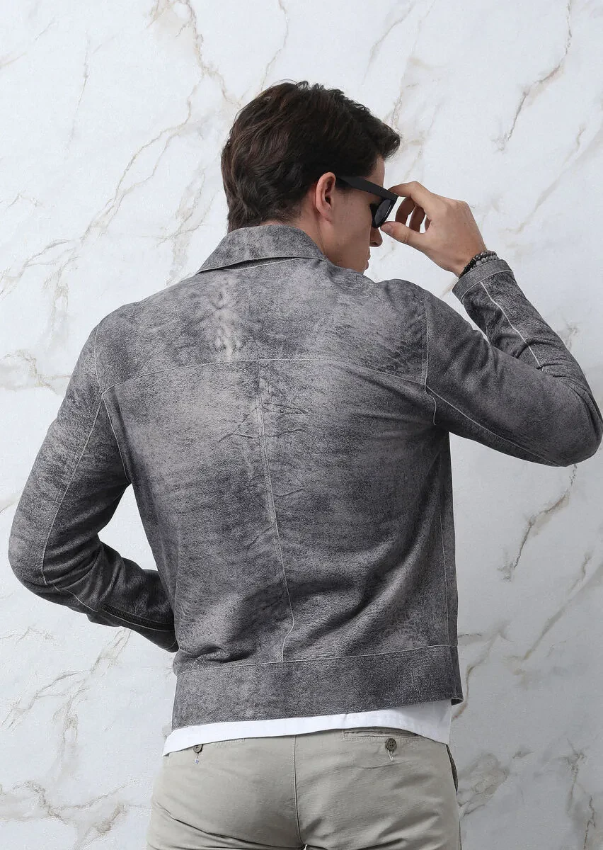 Gri Regular Fit Gömlek Yaka Casual Süet Deri Mont - 6