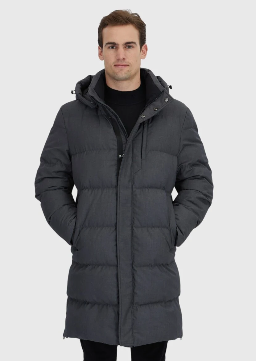 Gri Regular Fit Kapüşonlu Casual Dokuma Kaban - RAMSEY