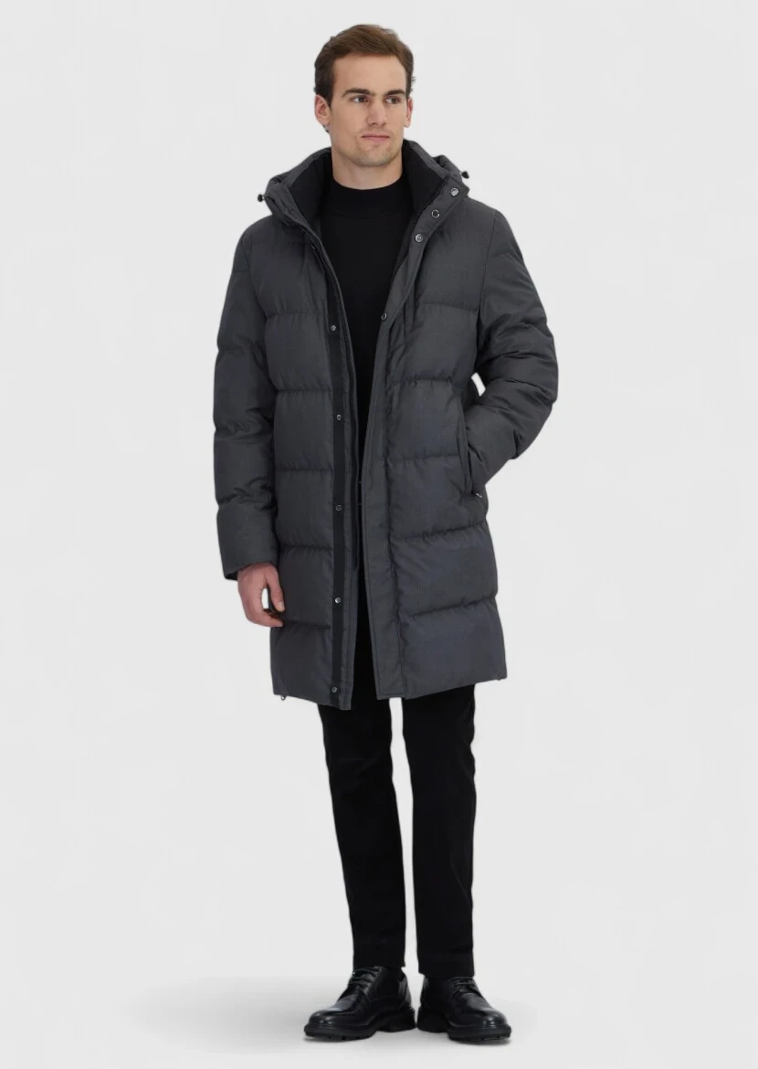 Gri Regular Fit Kapüşonlu Casual Dokuma Kaban - RAMSEY