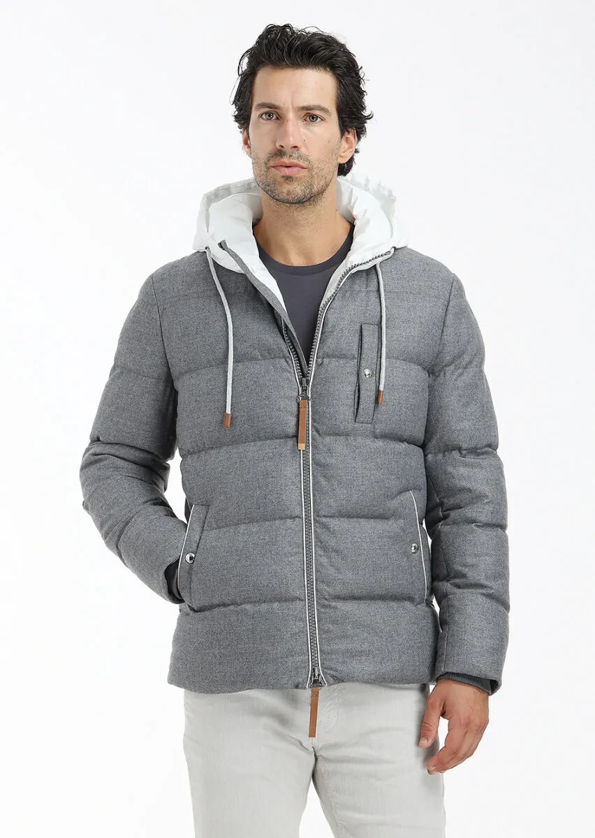 Gri Regular Fit Kapüşonlu Casual Dokuma Mont - 2