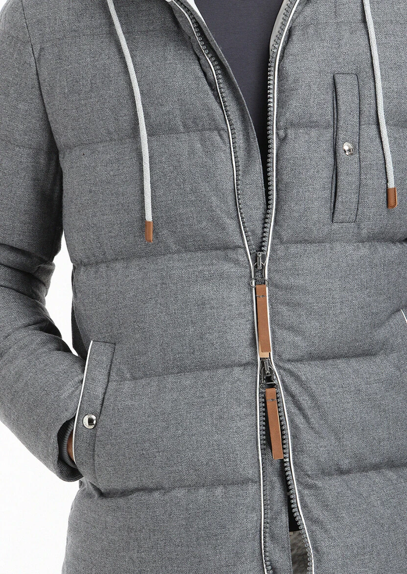 Gri Regular Fit Kapüşonlu Casual Dokuma Mont - 3