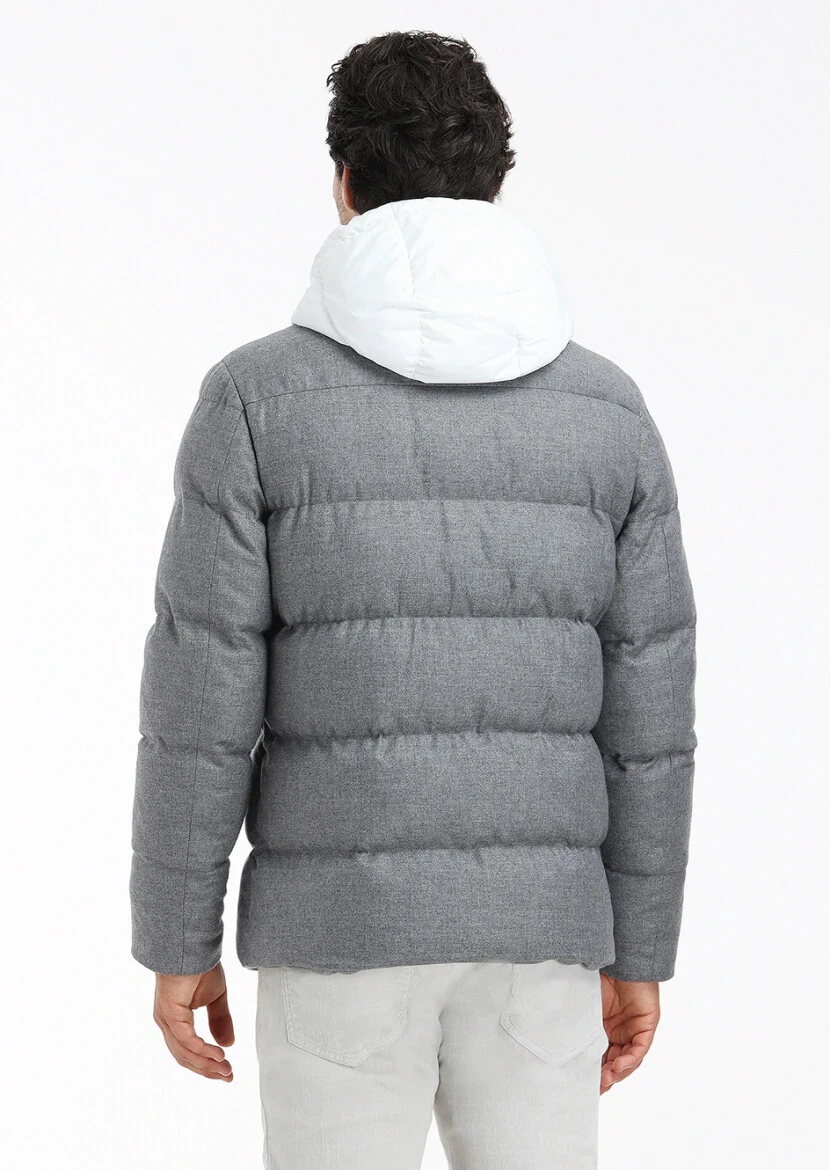 Gri Regular Fit Kapüşonlu Casual Dokuma Mont - 4