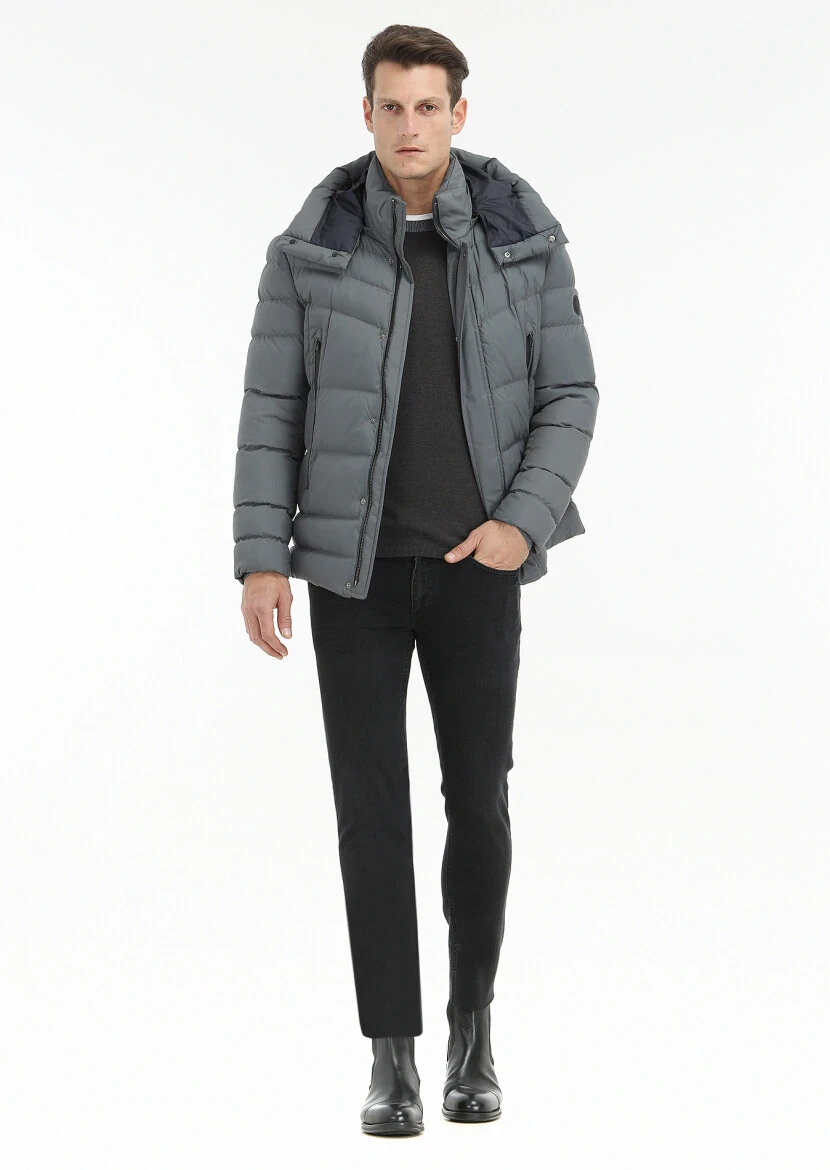 Gri Regular Fit Kapüşonlu Casual Dokuma Mont - 1