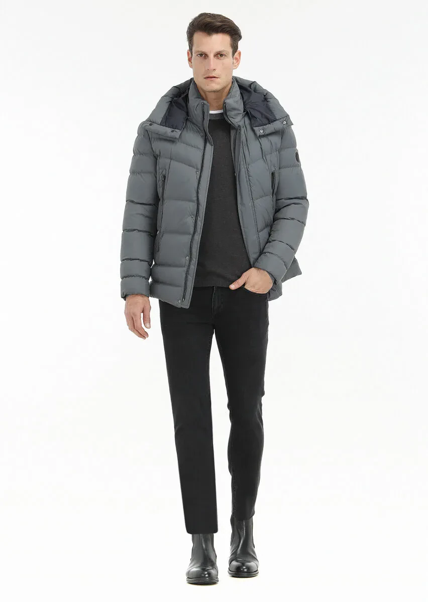 Gri Regular Fit Kapüşonlu Casual Dokuma Mont - 1