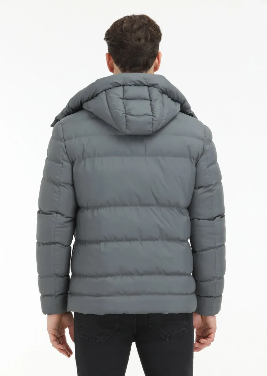 Gri Regular Fit Kapüşonlu Casual Dokuma Mont - 6