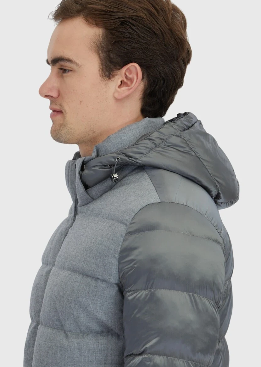 Gri Regular Fit Kapüşonlu Casual Dokuma Mont - 5