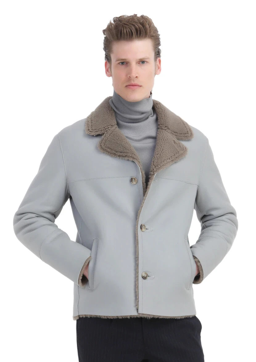 Gri Regular Fit Kelebek Yaka Casual Kürk Deri Mont - 3