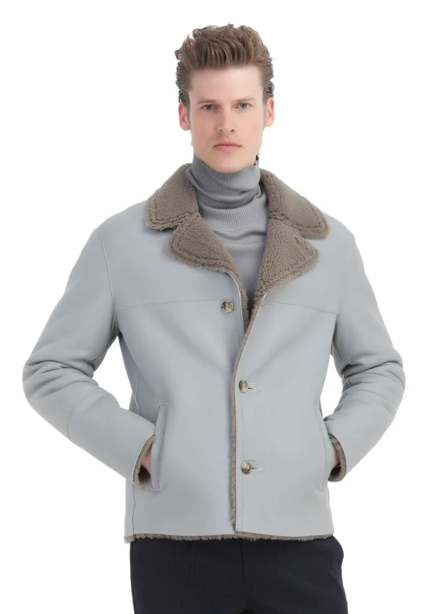 Gri Regular Fit Kelebek Yaka Casual Kürk Deri Mont - 3