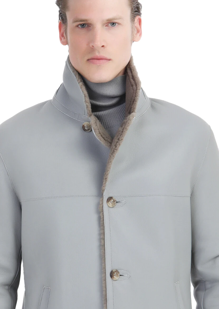 Gri Regular Fit Kelebek Yaka Casual Kürk Deri Mont - 4