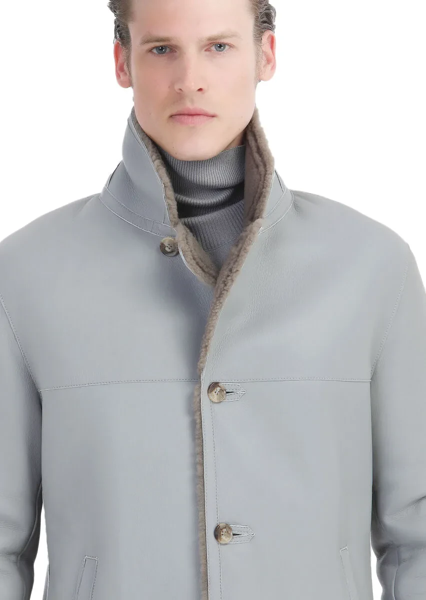 Gri Regular Fit Kelebek Yaka Casual Kürk Deri Mont - 4