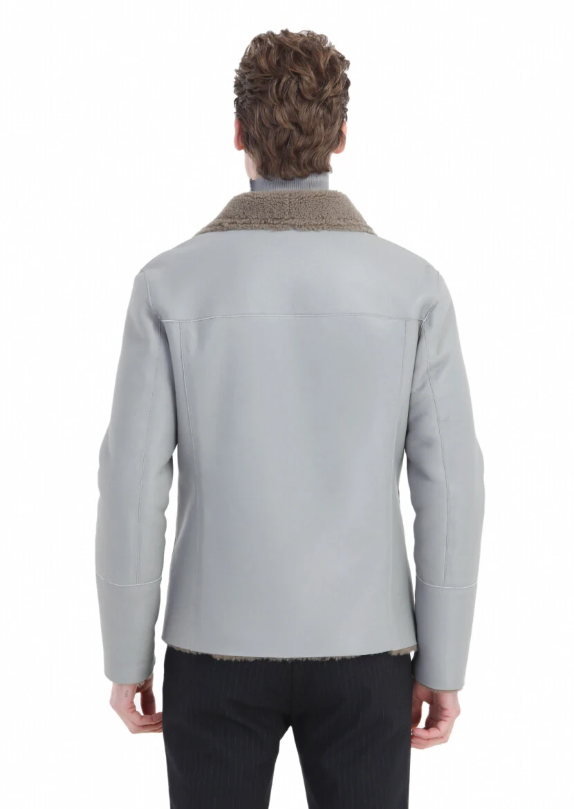 Gri Regular Fit Kelebek Yaka Casual Kürk Deri Mont - 5