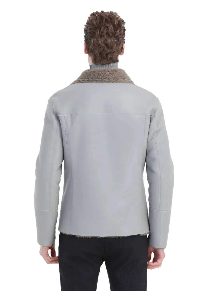 Gri Regular Fit Kelebek Yaka Casual Kürk Deri Mont - 5