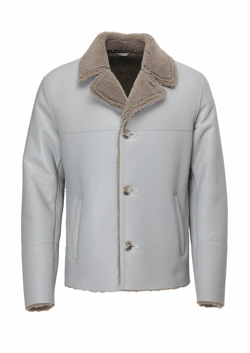 Gri Regular Fit Kelebek Yaka Casual Kürk Deri Mont - 6