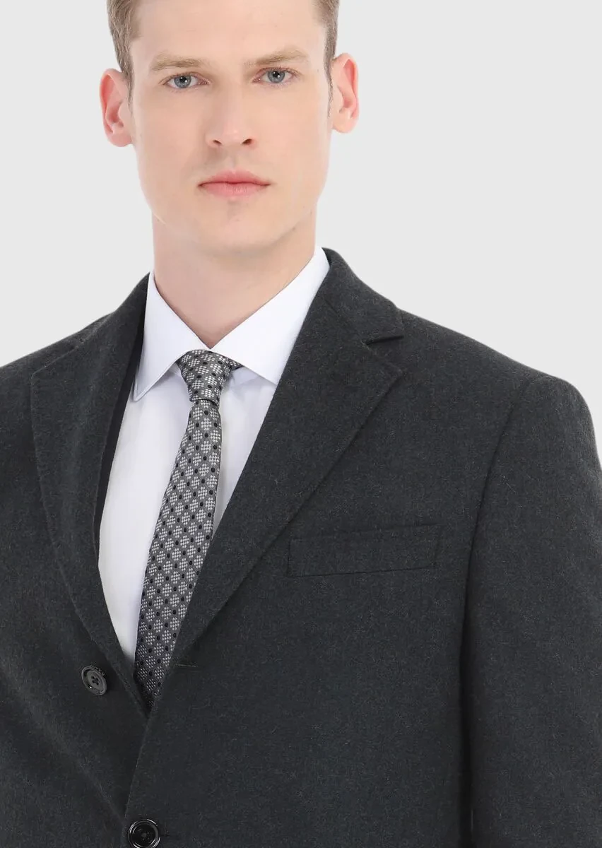 Gri Regular Fit Kelebek Yaka Klasik Dokuma Palto - 3