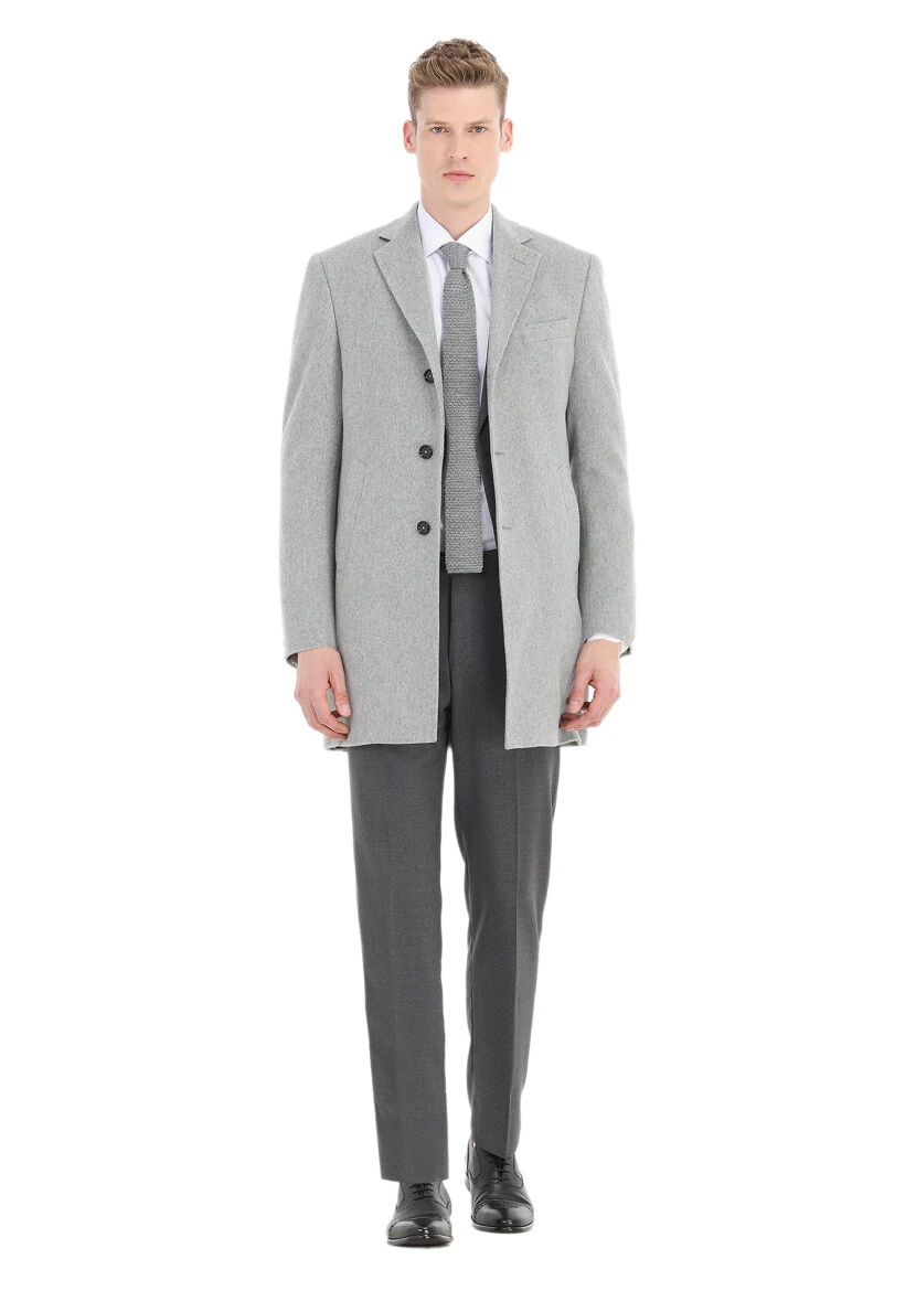 Gri Regular Fit Kelebek Yaka Klasik Dokuma Palto - 1
