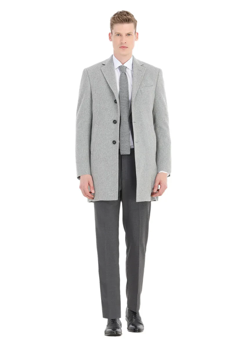 Gri Regular Fit Kelebek Yaka Klasik Dokuma Palto - 1