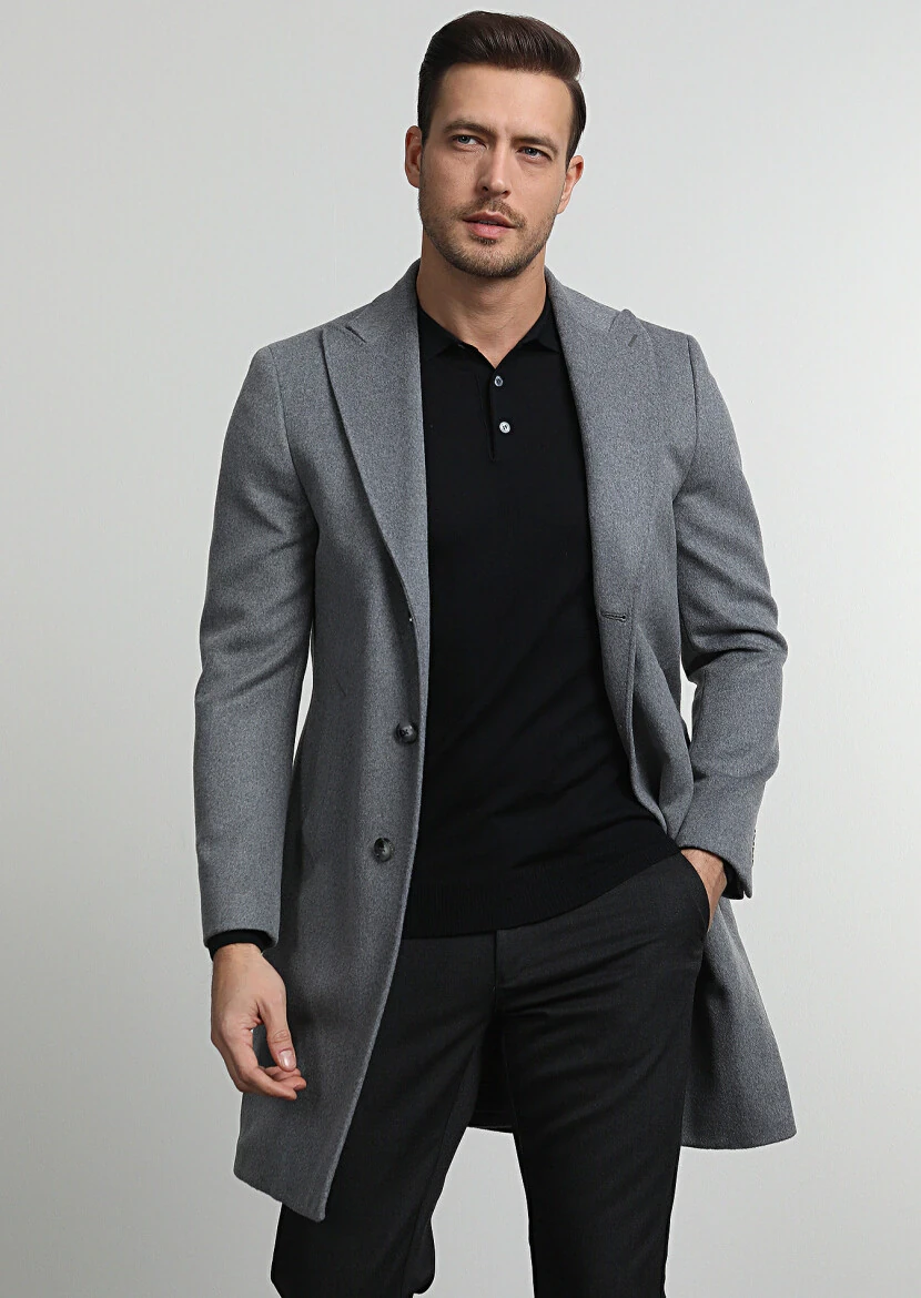 Gri Regular Fit Kruvaze Yaka Casual Dokuma Palto - 1