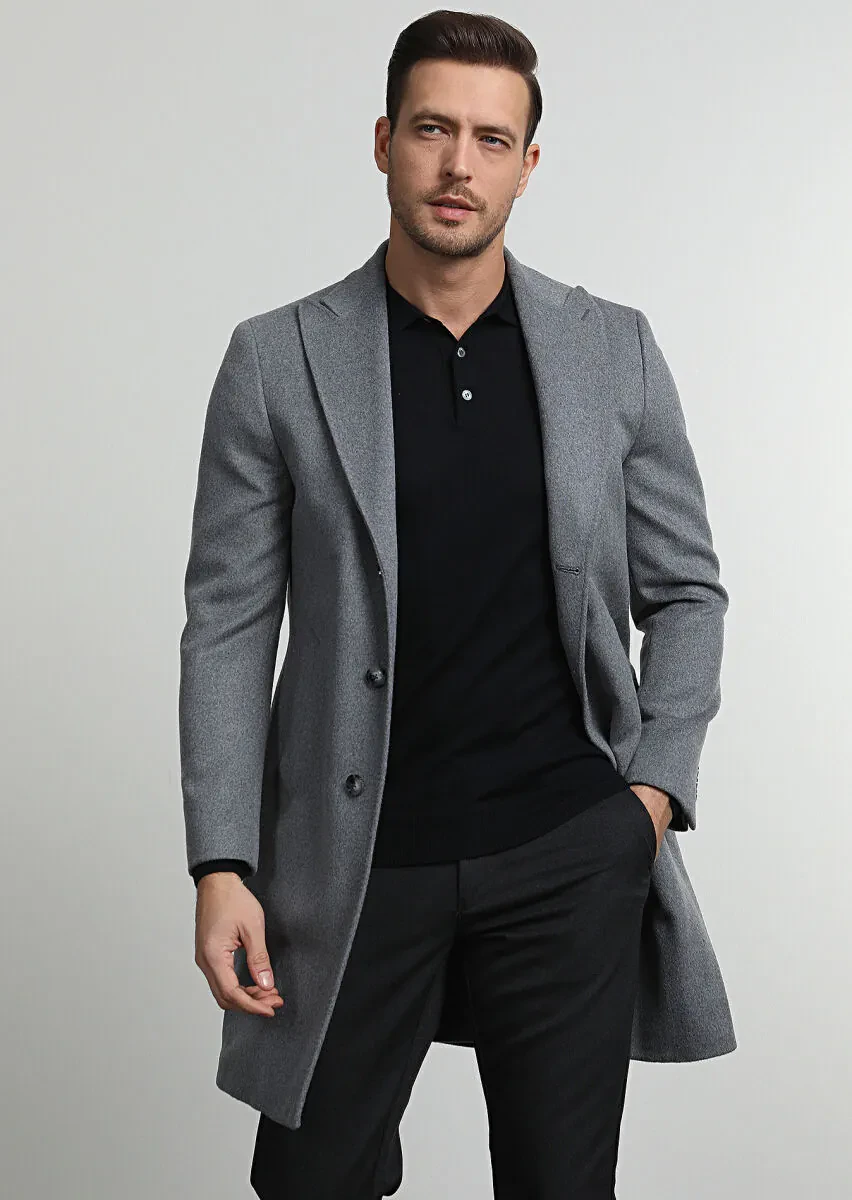 Gri Regular Fit Kruvaze Yaka Casual Dokuma Palto - 1