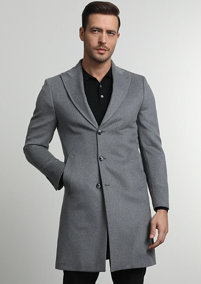 Gri Regular Fit Kruvaze Yaka Casual Dokuma Palto - 2