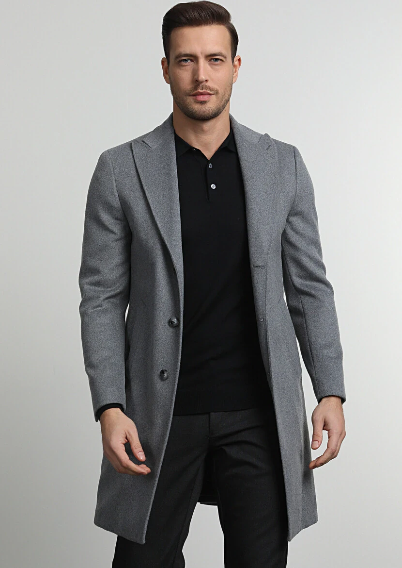 Gri Regular Fit Kruvaze Yaka Casual Dokuma Palto - 3