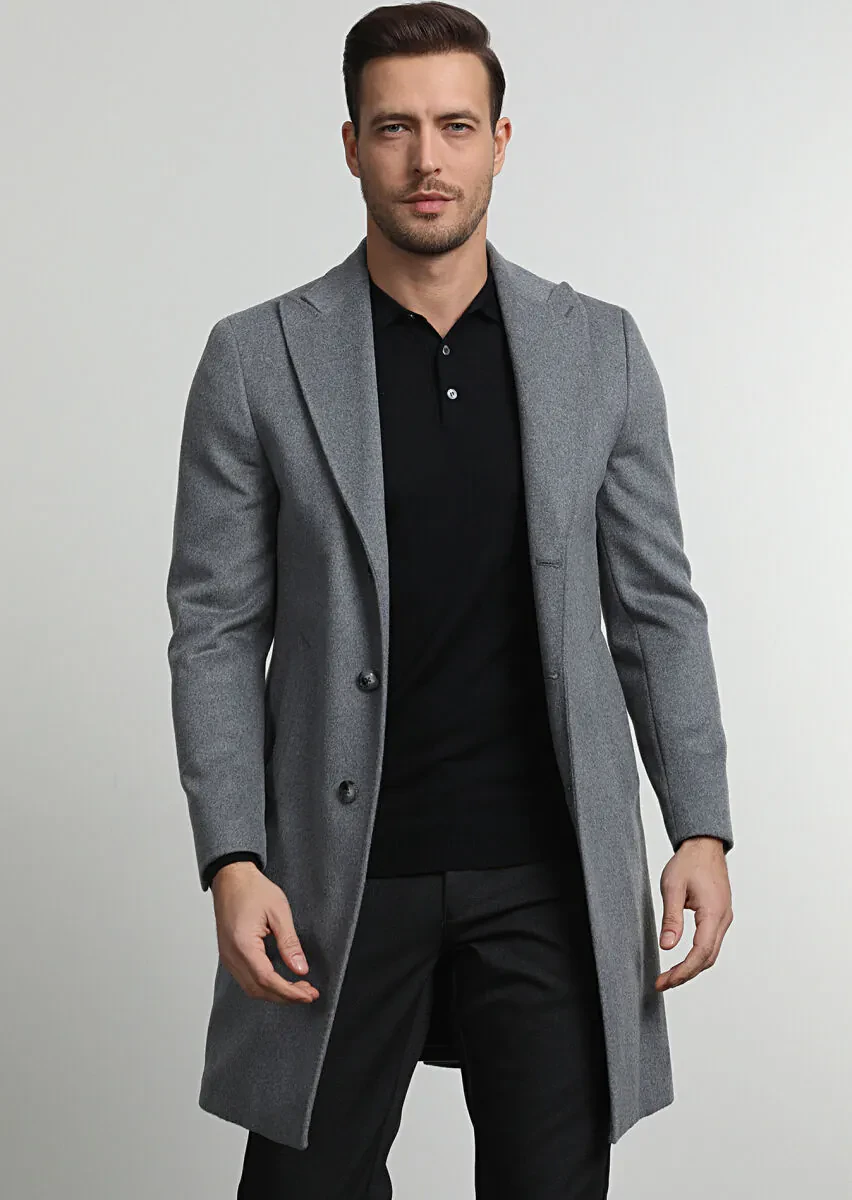 Gri Regular Fit Kruvaze Yaka Casual Dokuma Palto - 3