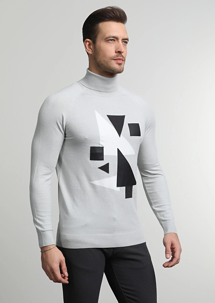 Gri Tam Balıkçı Yaka Desenli Triko Kazak - 1