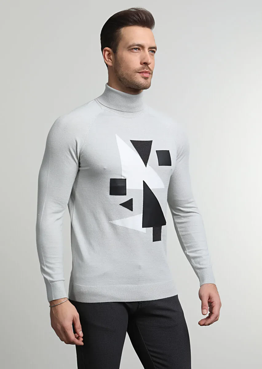 Gri Tam Balıkçı Yaka Desenli Triko Kazak - 1