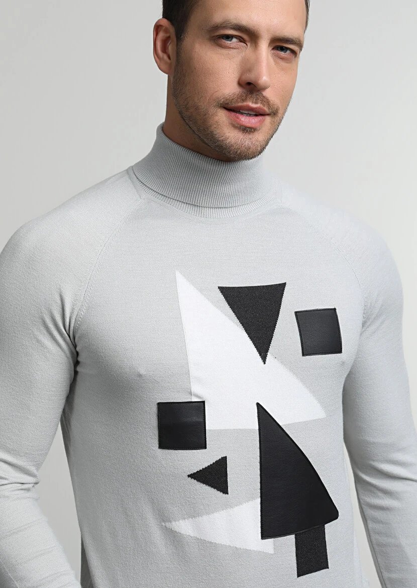 Gri Tam Balıkçı Yaka Desenli Triko Kazak - 2