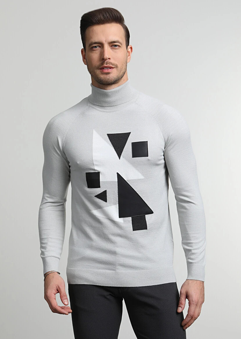 Gri Tam Balıkçı Yaka Desenli Triko Kazak - 3