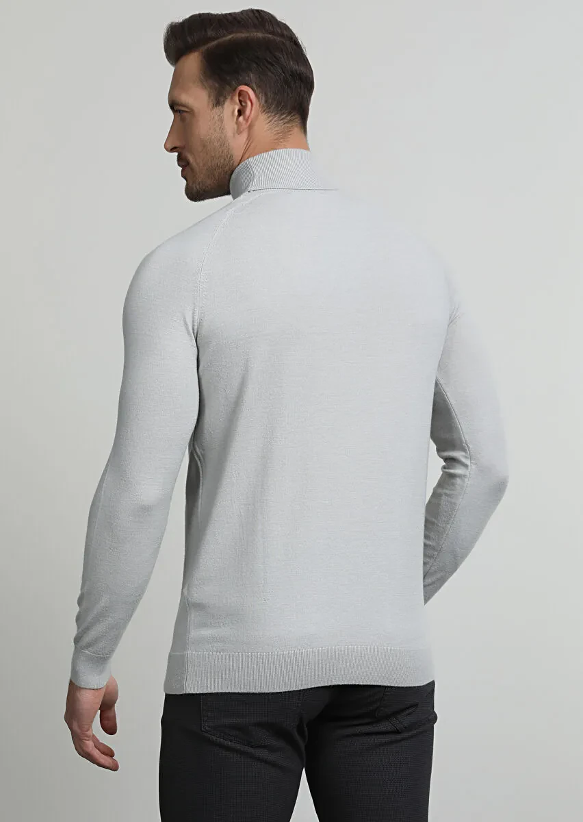 Gri Tam Balıkçı Yaka Desenli Triko Kazak - 4