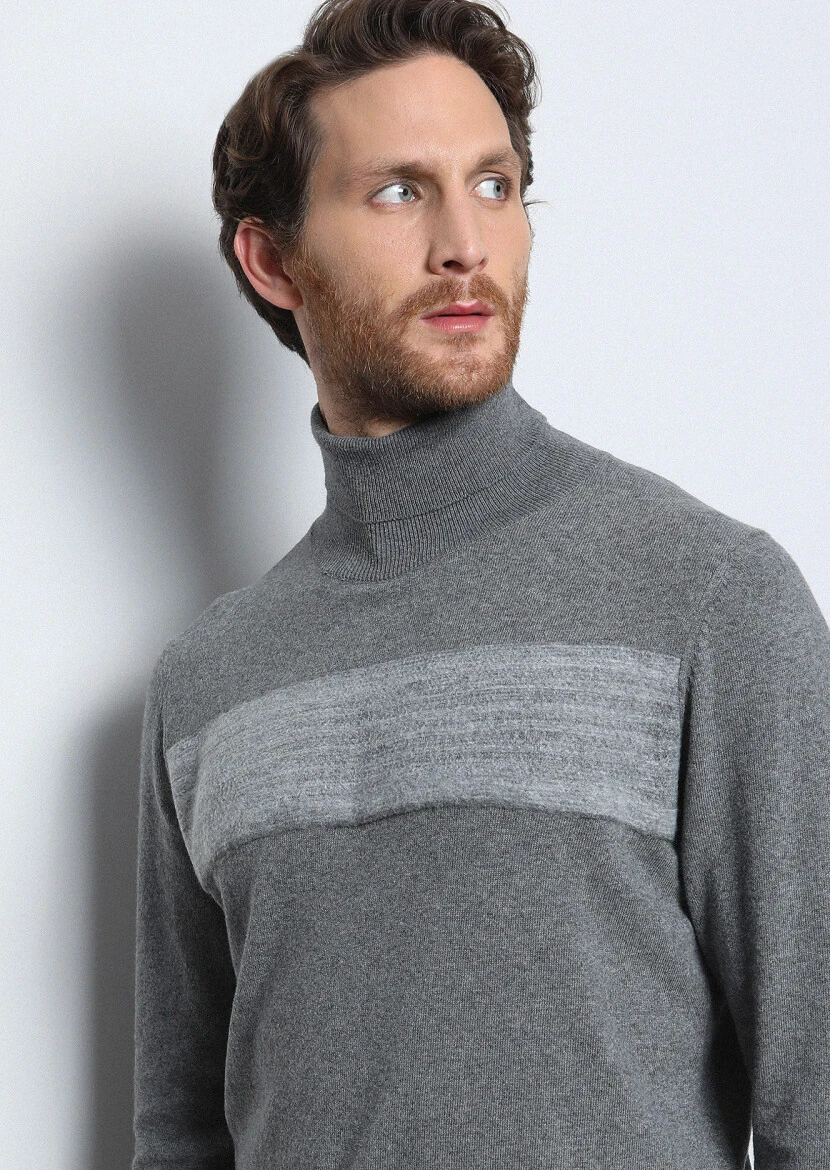 Gri Tam Balıkçı Yaka Düz Örgü Pamuk Karışımlı Triko Kazak - 1