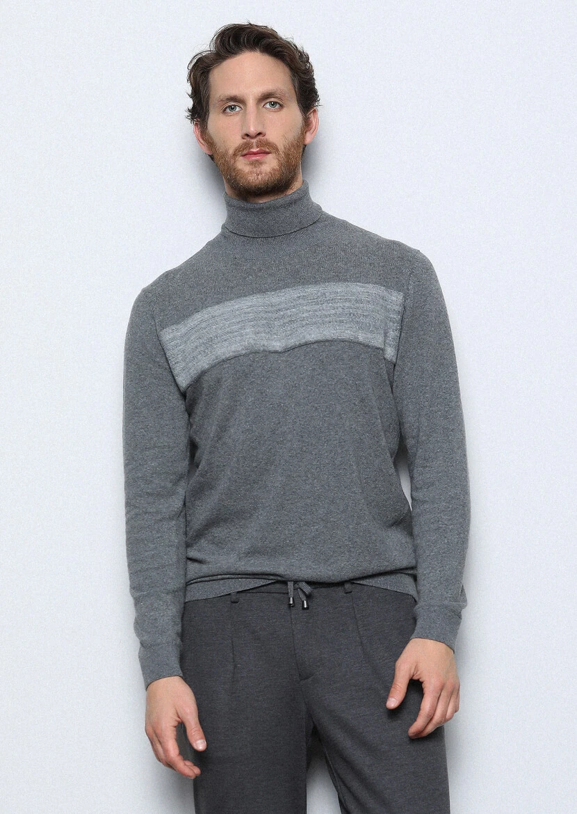 Gri Tam Balıkçı Yaka Düz Örgü Pamuk Karışımlı Triko Kazak - 2