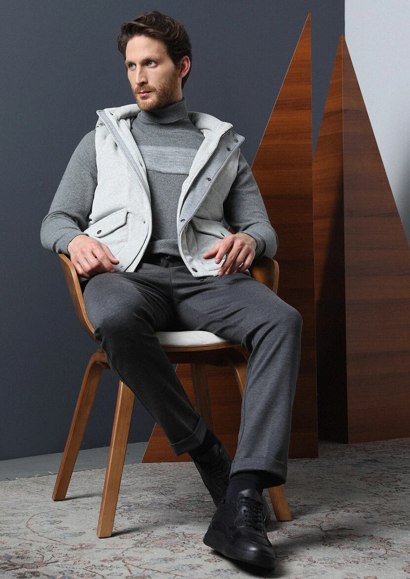 Gri Tam Balıkçı Yaka Düz Örgü Pamuk Karışımlı Triko Kazak - 3