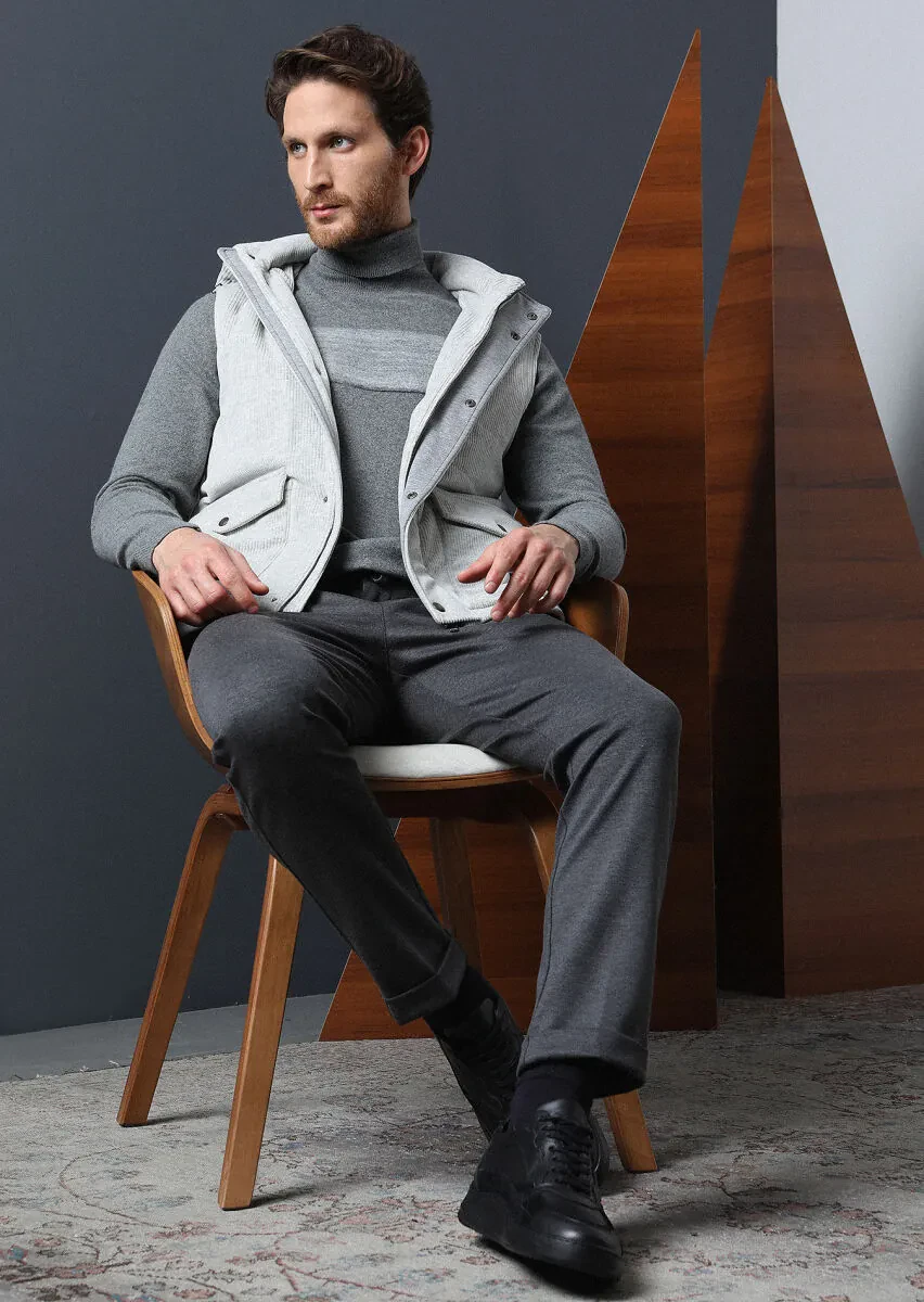 Gri Tam Balıkçı Yaka Düz Örgü Pamuk Karışımlı Triko Kazak - 3