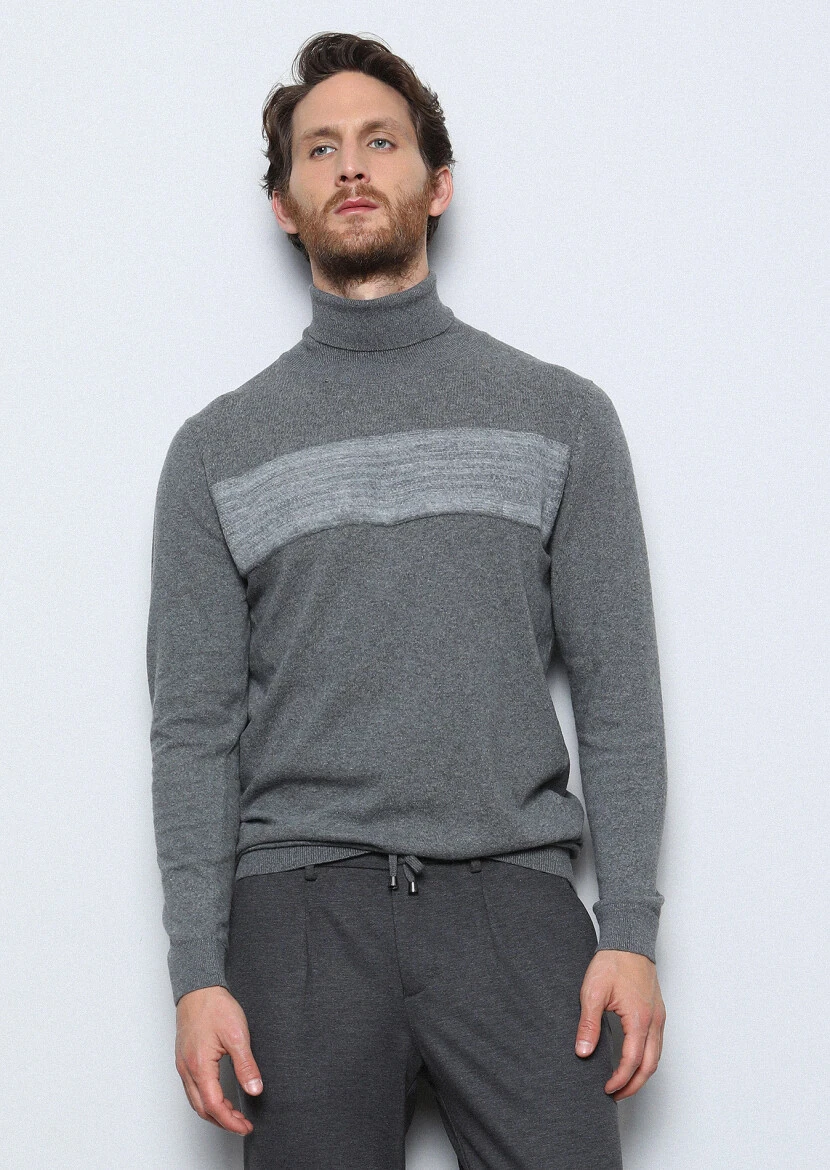 Gri Tam Balıkçı Yaka Düz Örgü Pamuk Karışımlı Triko Kazak - 4
