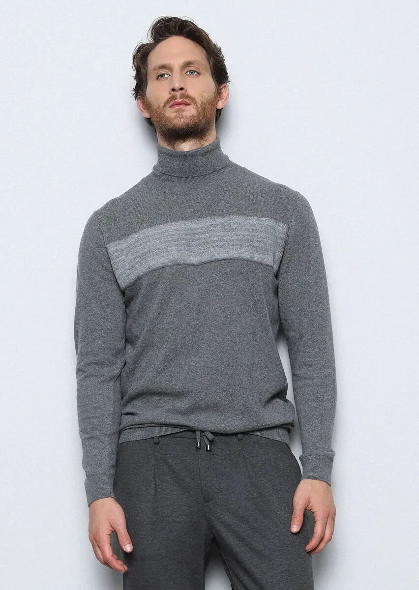Gri Tam Balıkçı Yaka Düz Örgü Pamuk Karışımlı Triko Kazak - 4