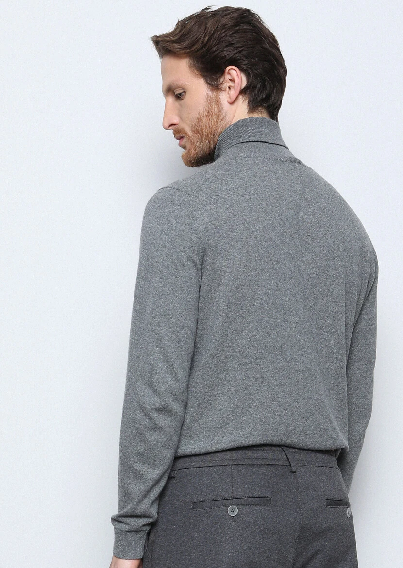 Gri Tam Balıkçı Yaka Düz Örgü Pamuk Karışımlı Triko Kazak - 5