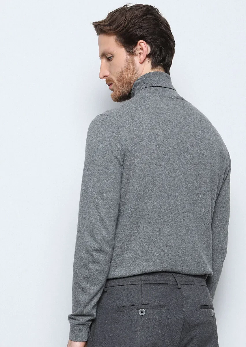 Gri Tam Balıkçı Yaka Düz Örgü Pamuk Karışımlı Triko Kazak - 5