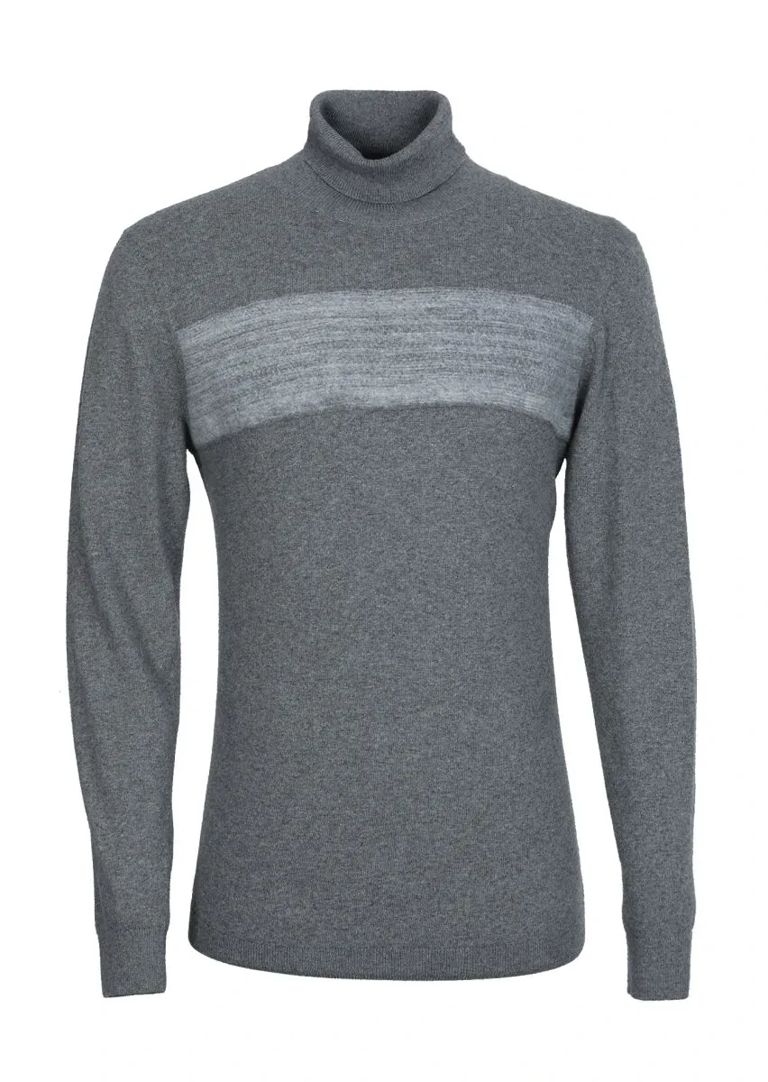 Gri Tam Balıkçı Yaka Düz Örgü Pamuk Karışımlı Triko Kazak - 6